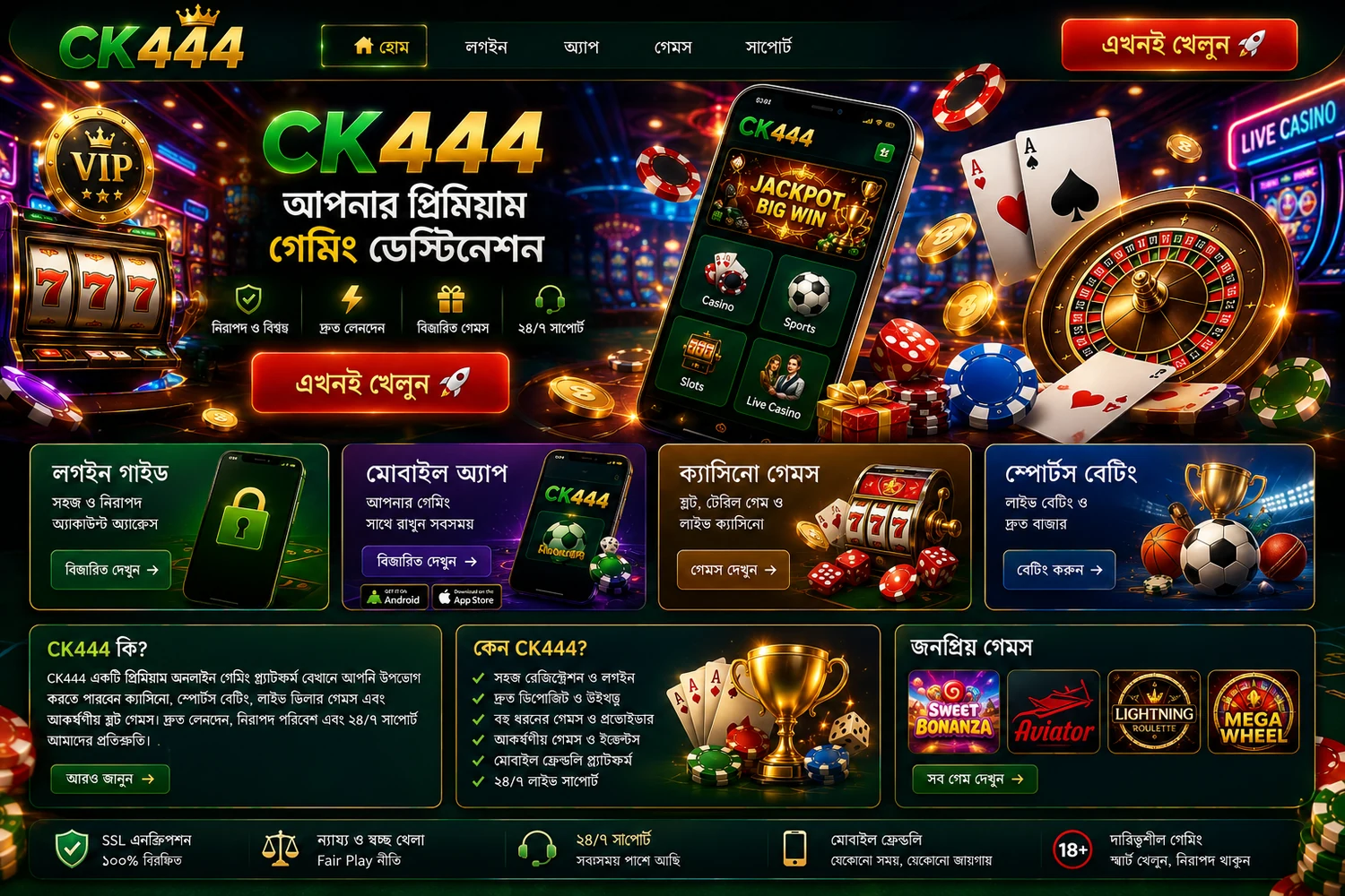 CK444 emerald-gold split scene-এ casino reels ও sportsbook board
