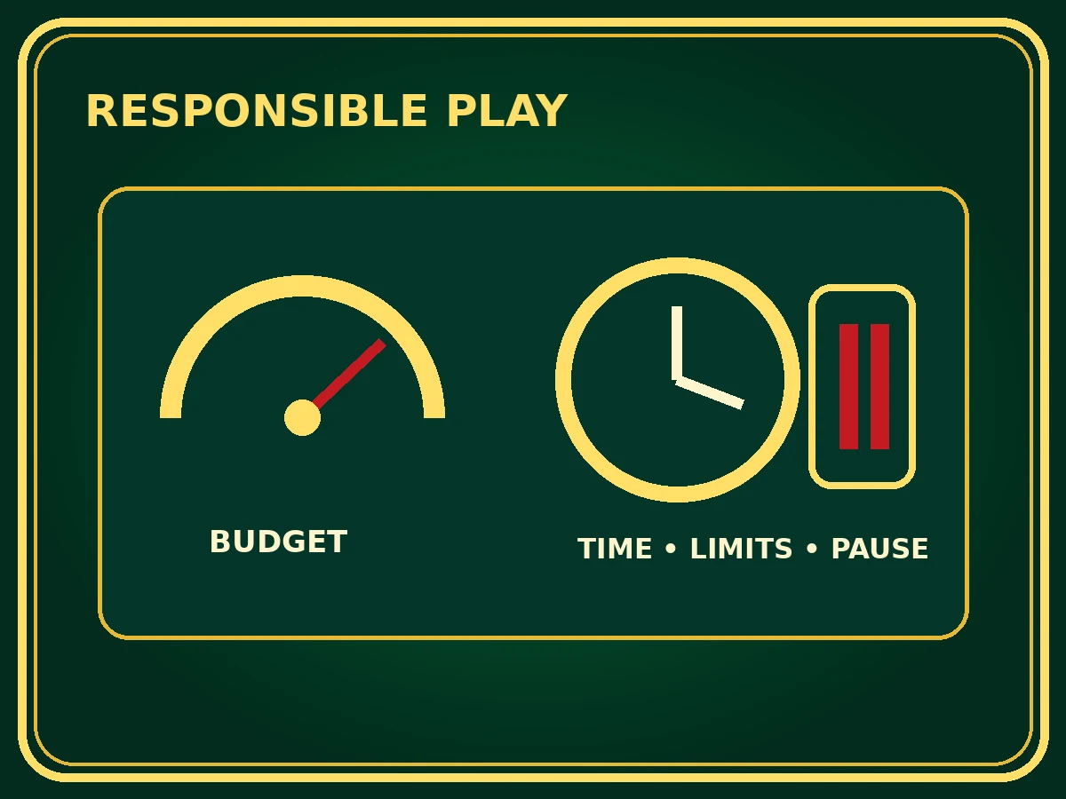 CK444-style responsible play dashboard with budget gauge, clock and pause control